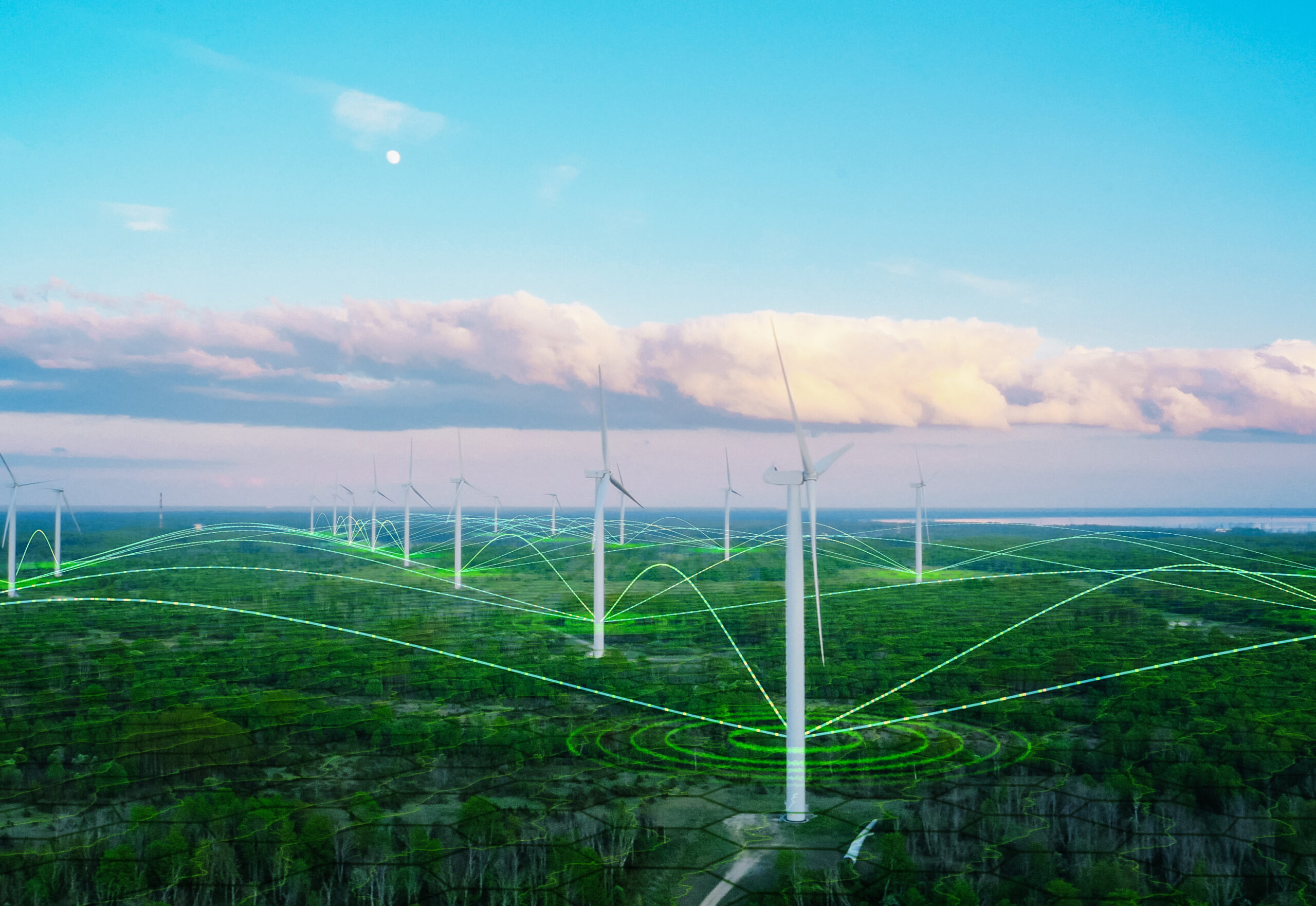 Scenic Aerial Drone Footage of Environmental Wind Turbines in a Forest Near the Sea. Green Renewable Energy Park with VFX Augmented Reality Holograms Shows Internet of Things Online Connectivity.